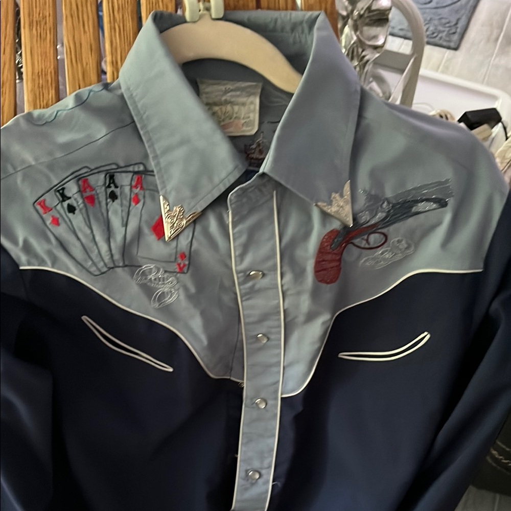 Casual Blue and Gray Button Down Shirt with Embroidery